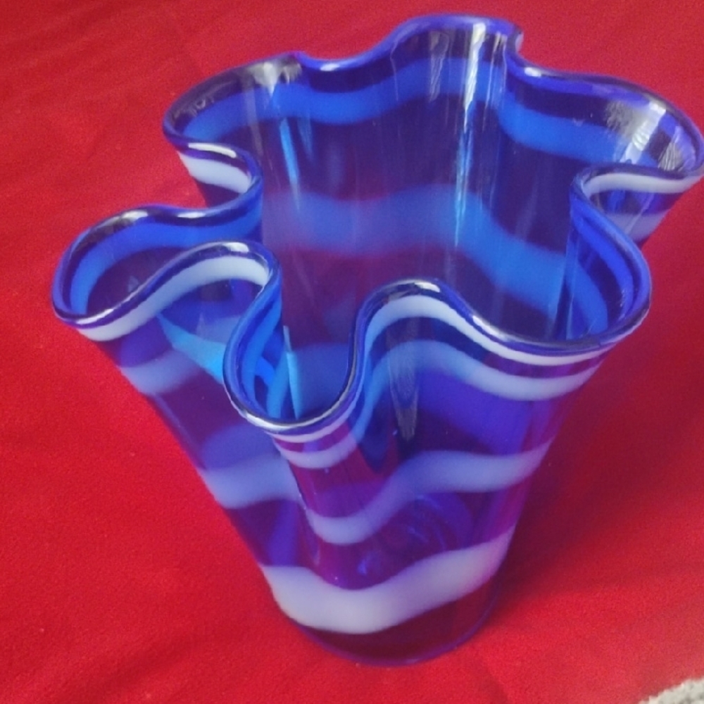 Blue and White Wavy Glass Vase
